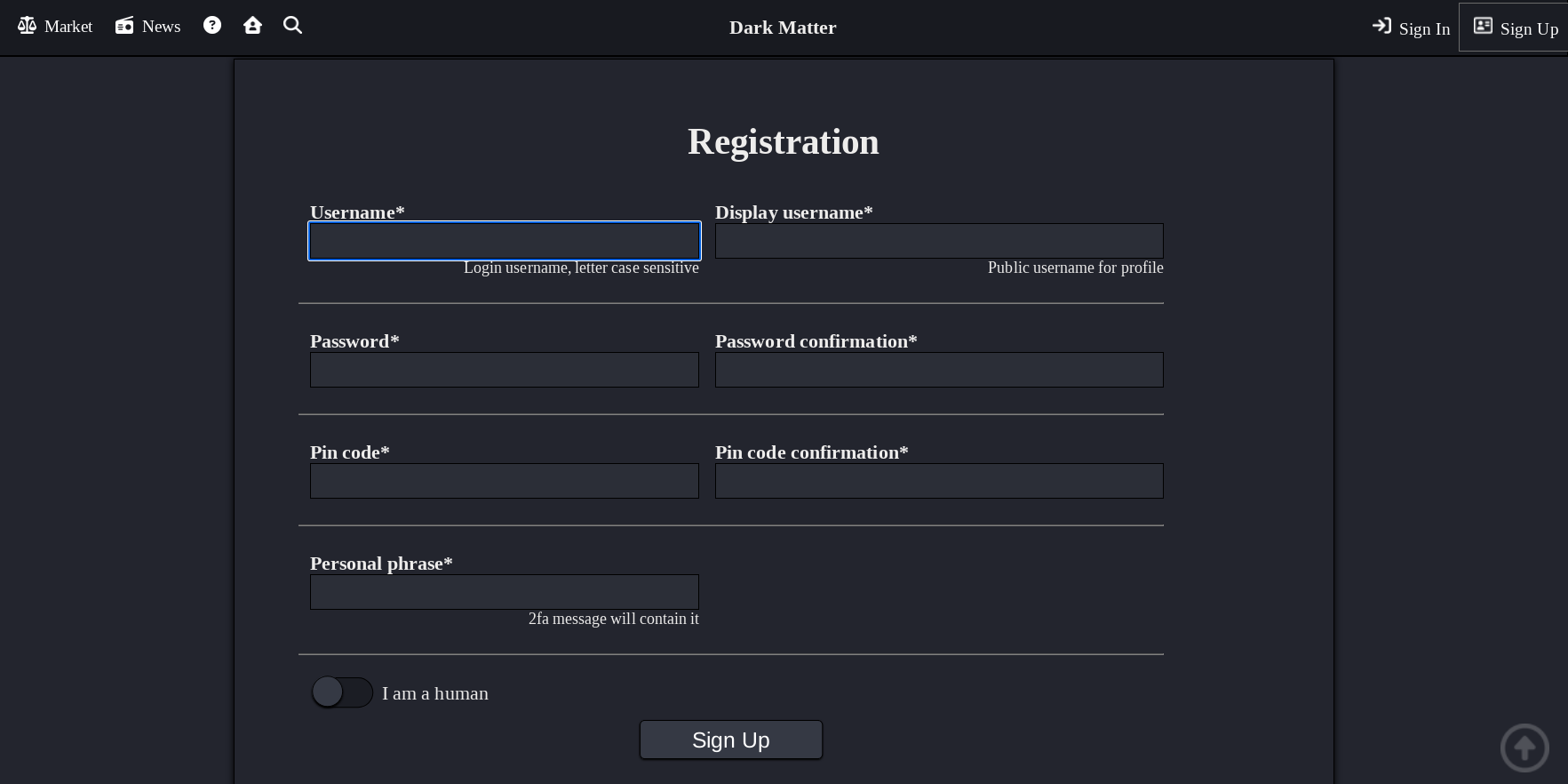 DarkMatter market signup interface