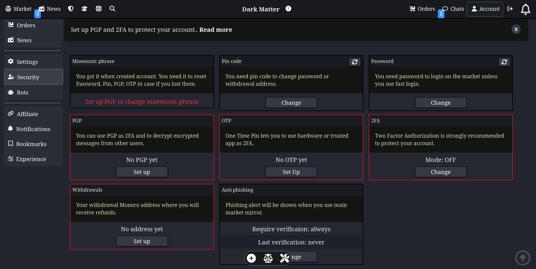 DarkMatter security settings with 2FA and PGP encryption and OTP